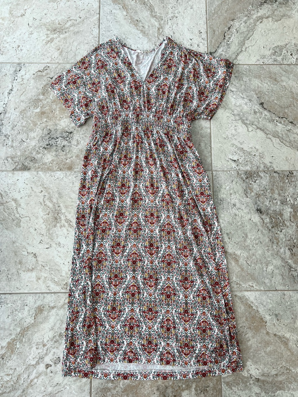 Boden Smock Waist Flutter Short Sleeve V Neck Maxi Dress Red Floral Print, 12P - Picture 12 of 13